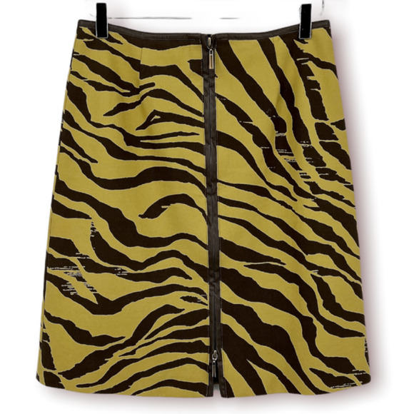 Worth Green Brown Animal Print Skirt Front Zip Pencil Career Wear Size 4 - Picture 1 of 9